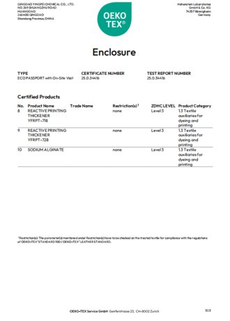 OEKO-TEX"ECO PASSPORT certification and the right to use the trademark.